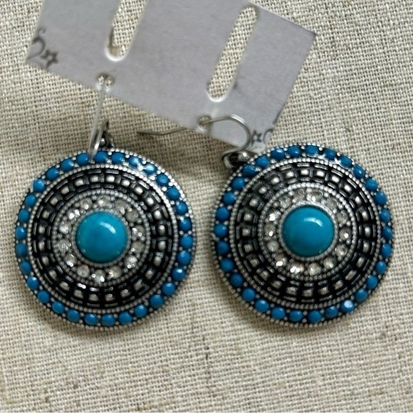 Turquoise and white topaz dangle round earrings - Picture 3 of 6